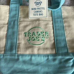 Trader Joe's Mini Pastel Blue Canvas Tote Bag Cream with Aqua Handles